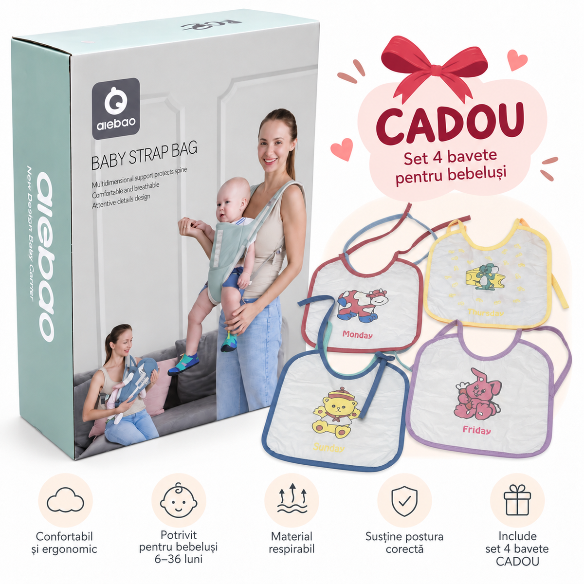 Marsupiu pentru bebeluși + Set 4 bavete CADOU 🎁